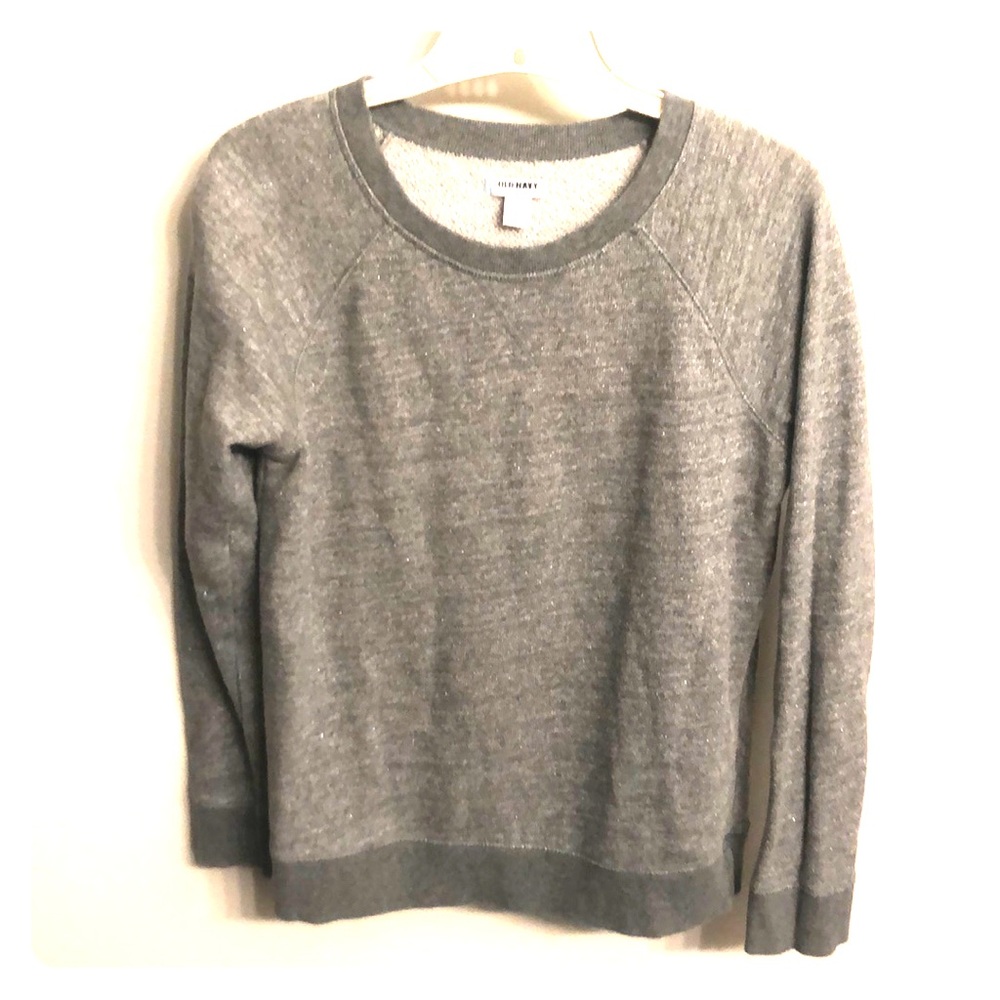 Grey sweatshirt with sparkly threads throughout.